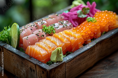 A wooden block with colorful patterns is placed on the table, filled with sashimi and green vegetables.