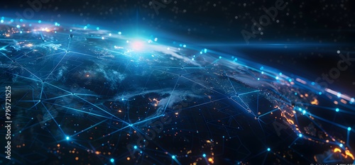 Abstract global network and connectivity concept with planet earth, data transfer across the world wide web in space technology background with blue light effect ,copy Space for text stock photo 2/3 