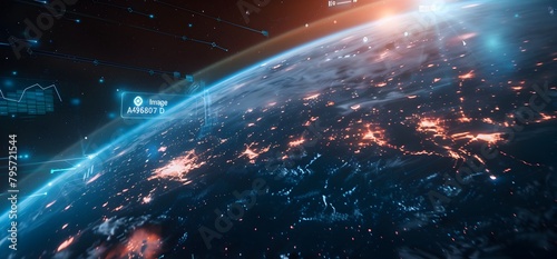 Abstract global network and connectivity concept with planet earth, data transfer across the world wide web in space technology background with blue light effect ,copy Space for text stock photo 2/3 
