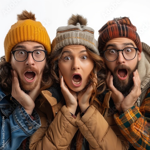 Three shocked friends in winter hats