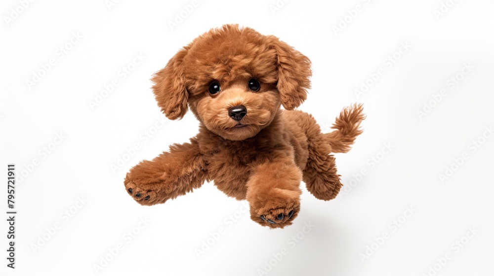 Jumping ginger puppy on white background