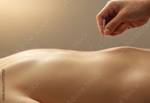 Close-up of acupuncture needles being applied to a patient s back. Depicts alternative medicine and therapeutic practice.