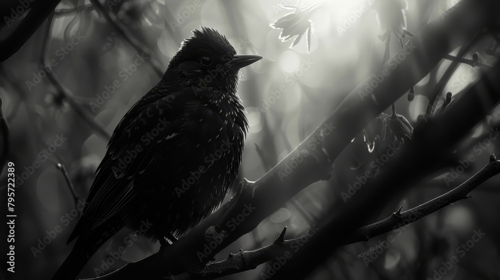 Naklejka premium bird perching on a tree branch against a foggy backdrop