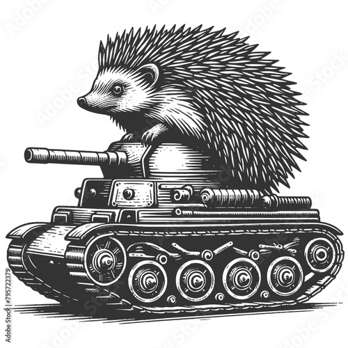 hedgehog driving a classic military tank, blending nature and machinery sketch engraving generative ai fictional character vector illustration. Scratch board imitation. Black and white image.