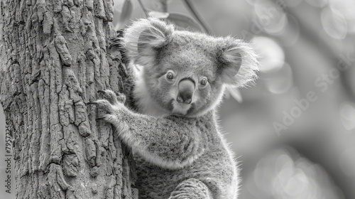  A black-and-white image of a koala in a tree, head tilted back, and eyes wide open on a branch