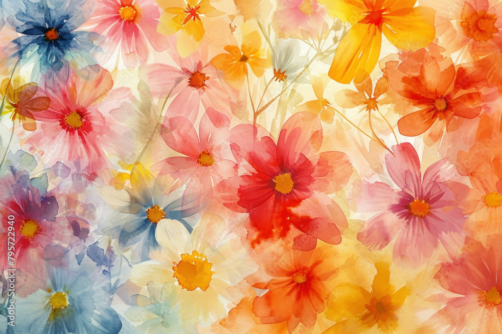 Fototapeta premium Colorful Watercolor Flowers Arrangement with Blue and Orange Flower in Center on White Background