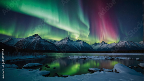 Aurora Borealis Overlap, A Landscape Vibrant with the Ethereal Glow of the Aurora Borealis Illuminating Snowy Peaks.