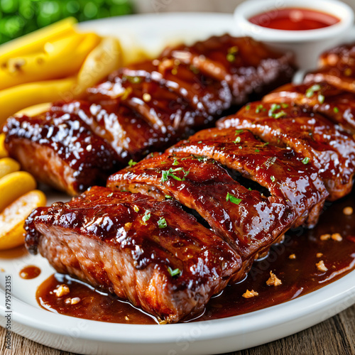 A plate of barbecue ribs, accompanied by a side of fries and a dipping sauce.