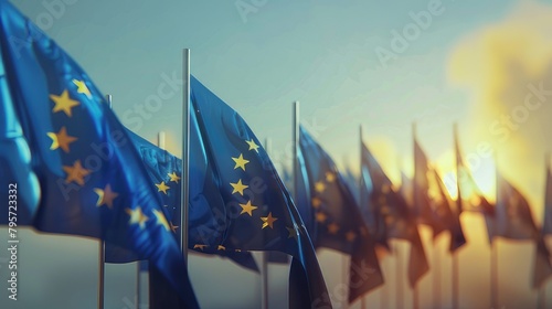 European flags against a background of blue sky with clouds.
 photo