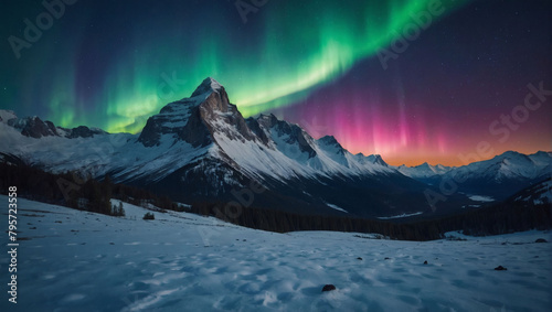 Alpine Aurora, A Vibrant Landscape with the Aurora Borealis Illuminating Snow-Capped Alpine Peaks.