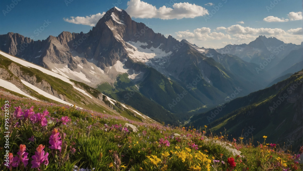 Alpine Radiance, A Majestic Mountain Landscape Illuminated by Vibrant Sunlight and Alpine Flowers.