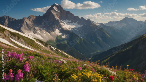 Alpine Radiance  A Majestic Mountain Landscape Illuminated by Vibrant Sunlight and Alpine Flowers.