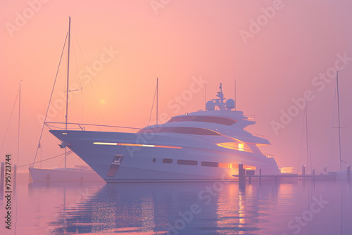 Luxury yacht moored in calm waters bathed in warm glow of misty sunset. Silhouettes of sailboats enhance tranquil harbor scene © Bonsales