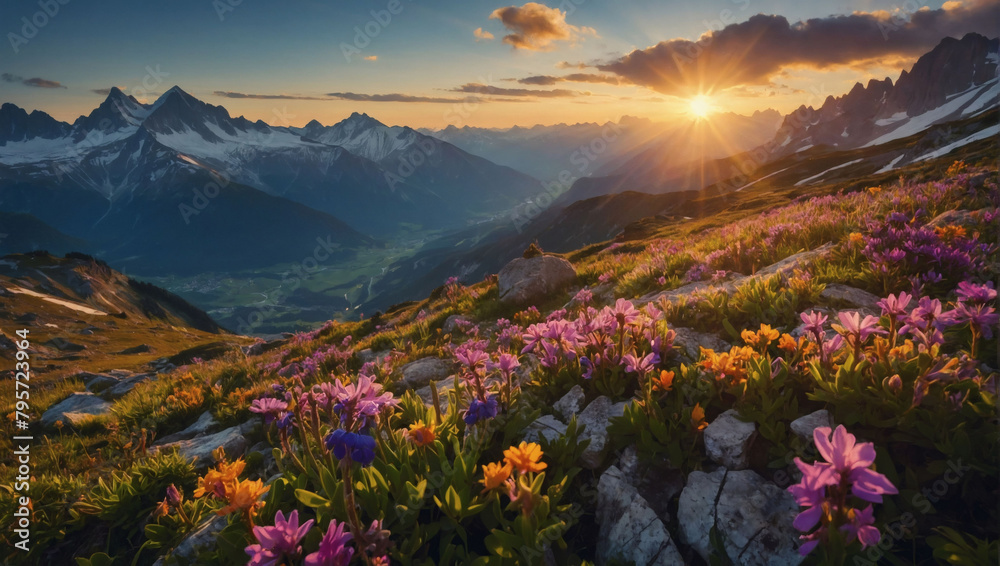Alpine Radiance, A Majestic Mountain Landscape Illuminated by Vibrant Sunlight and Alpine Flowers.