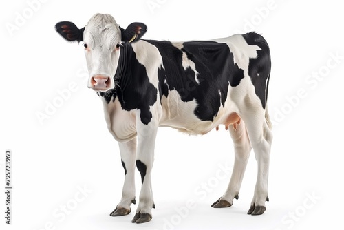 A cow is standing in front of a white background