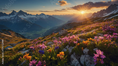 Alpine Radiance, A Majestic Mountain Landscape Illuminated by Vibrant Sunlight and Alpine Flowers. © xKas