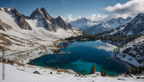 Alpine Wonderland, A Landscape Alive with Vibrant Alpine Meadows, Crystal Clear Lakes, and Snow-Capped Peaks.