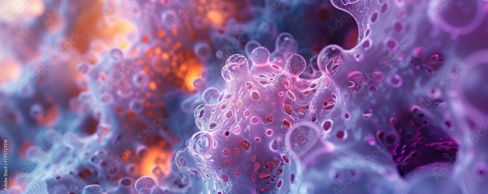 Close-up image of an Archaea cell division in extreme saline conditions, highlighting the robust membrane structures and unique lipid bonds, perfect for scientific journals Close-up image of an Archaea cell division in extreme saline conditions, highlighting the robust membrane structures and unique lipid bonds, perfect for scientific journals