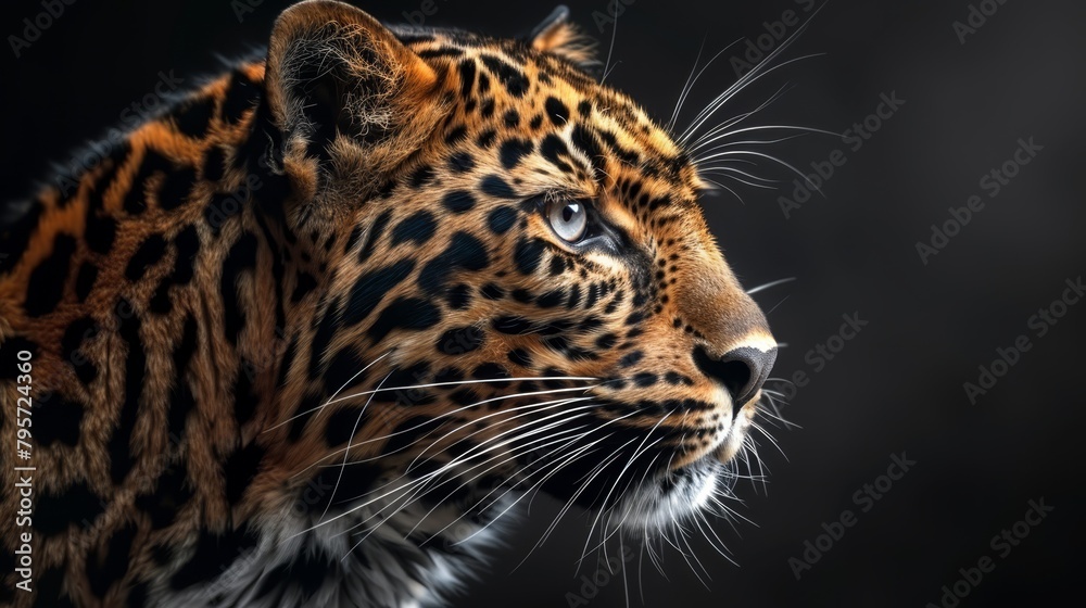 A tight shot of a leopard's face against a black backdrop, its surroundings softly blurred A tight shot of a leopard's face against a black backdrop, its surroundings softly blurred