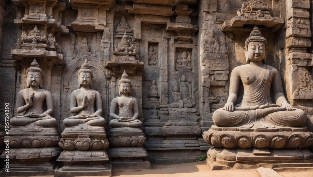 Ancient Stone Carvings of Buddha Figures Adorning the Walls of a Historic Temple.