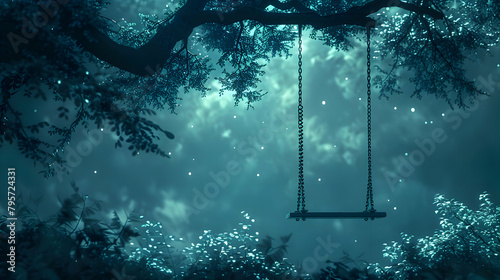 An illustration of a minimalist swing hanging from a tree branch
