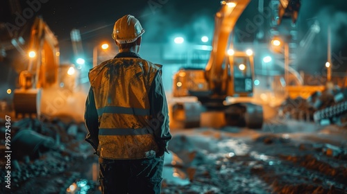 A man in a yellow vest stands in front of a large construction site