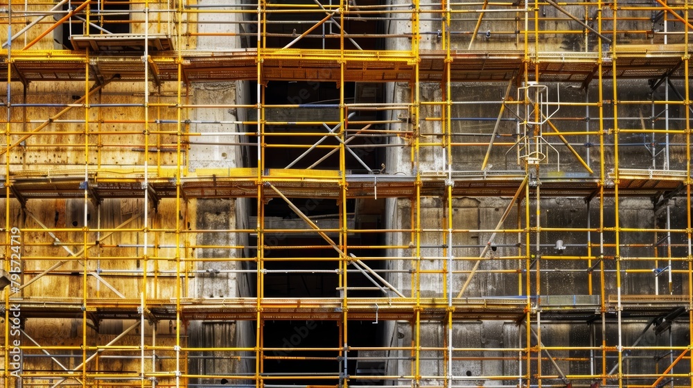 A building under construction with scaffolding and yellow metal