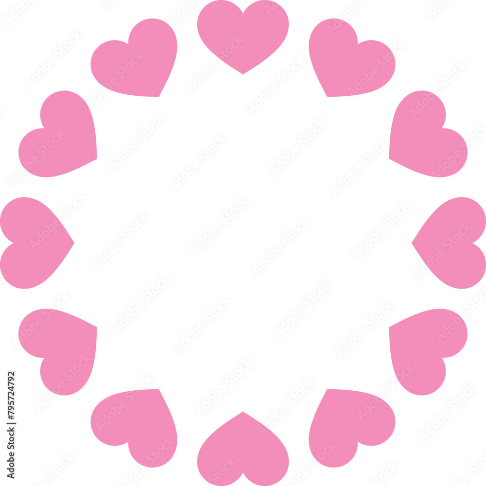 Round border with pink hearts . Circle of pink hearts isolated on white background . Vector illustration