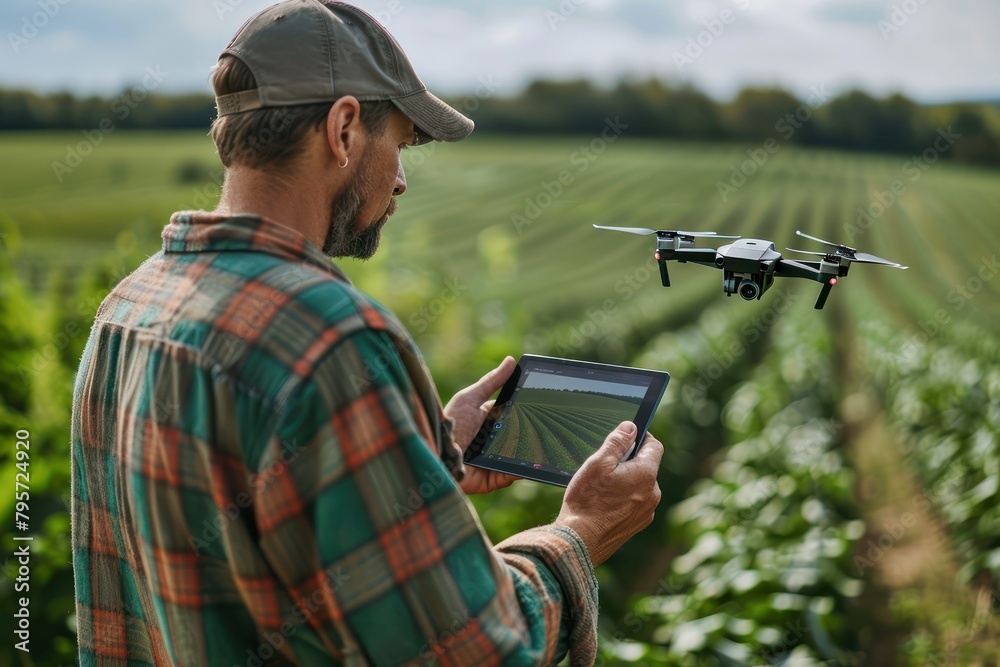 Fototapeta premium Close-up of a farmer using a drone control tablet with live feed of drone surveillance over fields, highlighting modern pest management technology