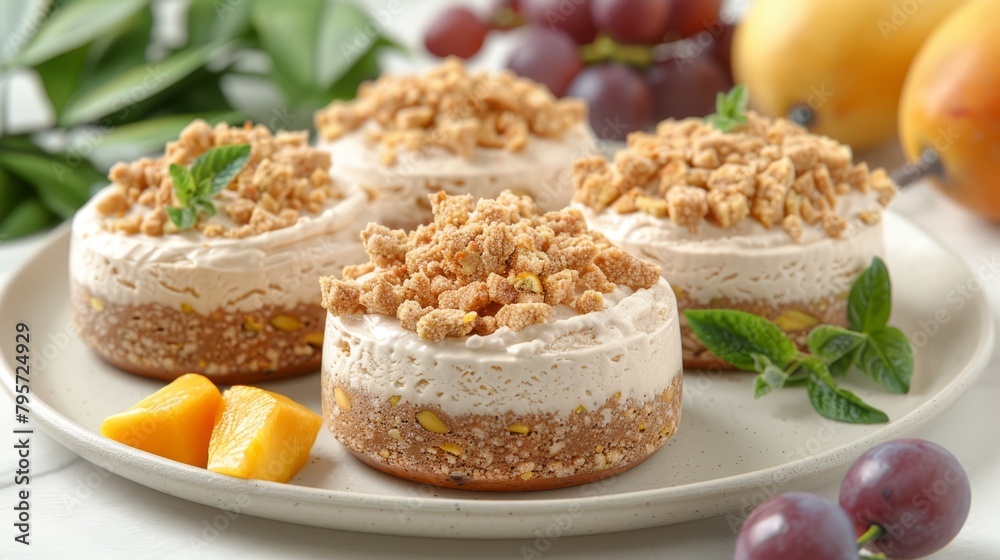 A white plate holds three desserts, each topped with frosting and various toppings Nearby, grapes and oranges are arranged A white plate holds three desserts, each topped with frosting and various toppings Nearby, grapes and oranges are arranged