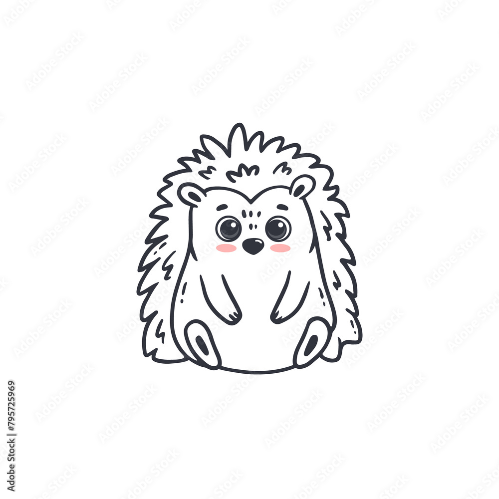 Obraz premium Cute cartoon hedgehog Isolated on white. Funny forest character. Doodle. Coloring page. 