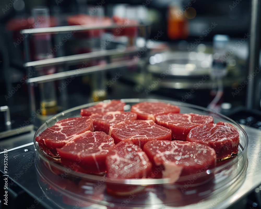 Close-up of lab-grown meat samples in a petri dish, with scientific instruments in the background, illustrating cutting-edge food science research Close-up of lab-grown meat samples in a petri dish, with scientific instruments in the background, illustrating cutting-edge food science research