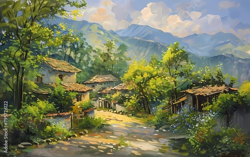 landscape painting in a cool  peaceful and refreshing village. oil color painting