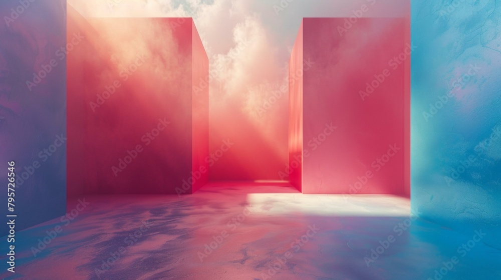 Vibrant abstract room with red and blue gradients, evoking themes of digital art and futuristic design, ideal for creative backgrounds. Copy space. Vibrant abstract room with red and blue gradients, evoking themes of digital art and futuristic design, ideal for creative backgrounds. Copy space.