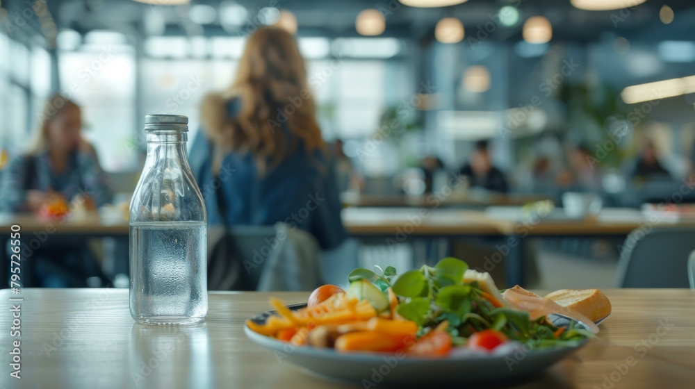 Vibrant lunch scene with people dining casually, colorful fresh salad in focus, comfortable urban cafe atmosphere, office cafeteria, health-conscious eating, daily life depiction.