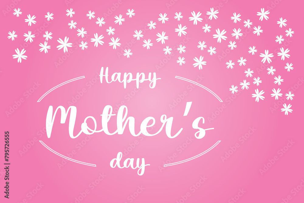 Mother's day greeting wishing card Happy Mothers day banner with white flowers text Pink magenta background Simple spring design  horizontal backdrop of cute blooming flora frame, Flat style Mommy