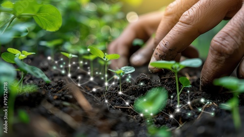 Close-up on the hands of a technician installing IoT sensors in soil, with a focus on the technology enhancing crop yield in sustainable agriculture