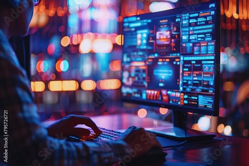 Close-up shot of a user navigating a gambling site on their computer, engaging with a blockchain-based loyalty program and AI-customized betting odds