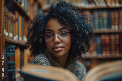 A young woman with glasses focused on reading a book in a library, exuding an air of studiousness