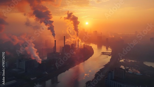The Impact of Climate Change on Air Quality: Factories Emitting Carbon Emissions. Concept Climate Change, Air Quality, Factories, Carbon Emissions, Environmental Impact