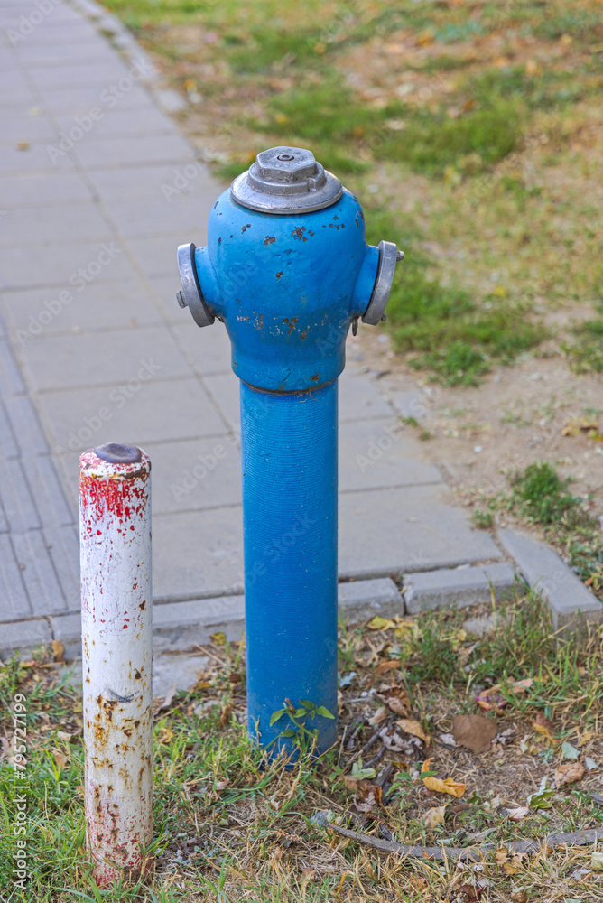 Blue Pipe High Pressure Water Fire Hydrant in City Park Blue Pipe High Pressure Water Fire Hydrant in City Park