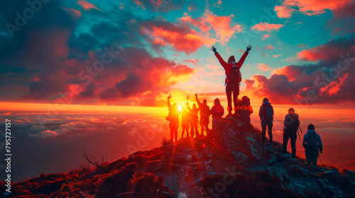 Group of People Standing on Top of a Mountain. Generative AI © jul_photolover