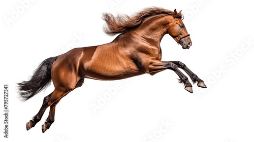 Galloping or jumping brown horse on white background
