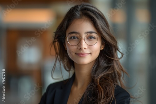 Wallpaper Mural Young, professional female with long brown hair and designer glasses smiling in office Torontodigital.ca