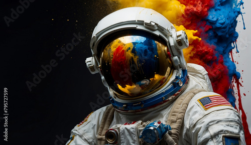 portrait of an astronaut in darkened helmet and space suit in the cosmos covered with smoke and colorful splashes