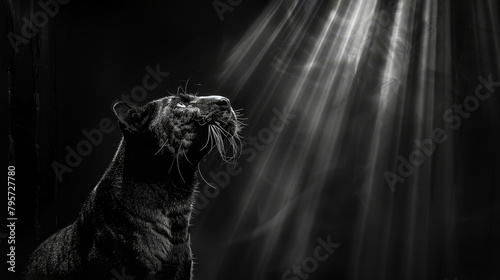  A monochrome image of a feline gazing upward toward ceiling light in a dimly lit space