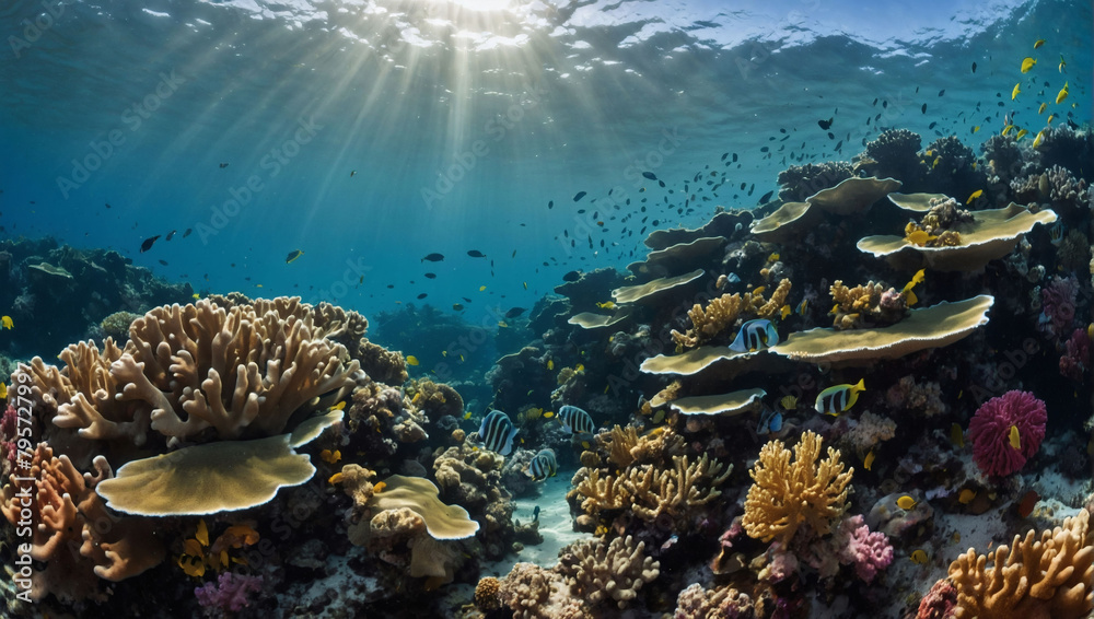 Coral Coastline, A Vibrant Landscape with Coral Reefs Along a Pristine Coastline, Teeming with Underwater Life. Coral Coastline, A Vibrant Landscape with Coral Reefs Along a Pristine Coastline, Teeming with Underwater Life.