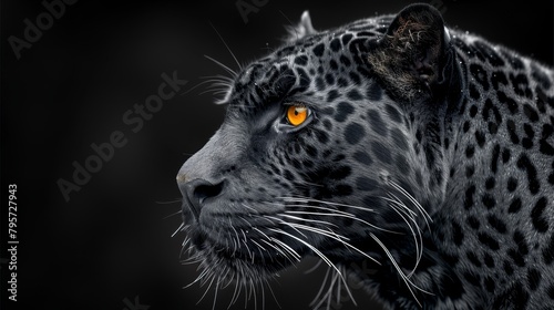  A tight shot of a leopard's face illuminated by a yellow light in one eye