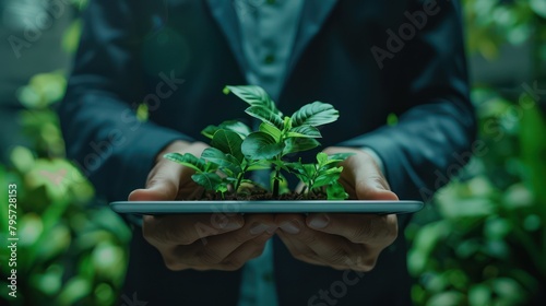 Corporate treasurer evaluating the return on investment from green bonds, close-up on a digital tablet showing yield curves and environmental impact reports