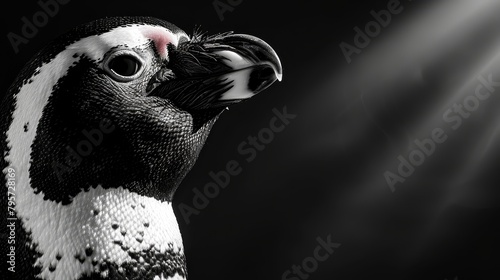   A black-and-white image of a penguin with its head turned sideways, lit from behind photo